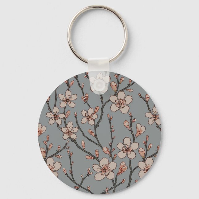 Vintage Pink and Grey Blossom Pattern Key Ring (Front)