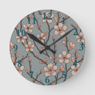 Vintage Pink and Grey Blossom Pattern Round Clock