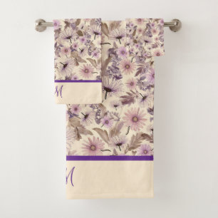 Vintage Pink And Lavender Floral With Monogram  Bath Towel Set