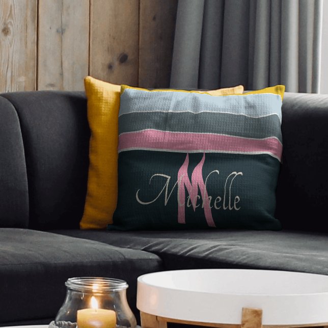 vintage pink and navy blue Stripes monogrammed Cushion (Creator Uploaded)
