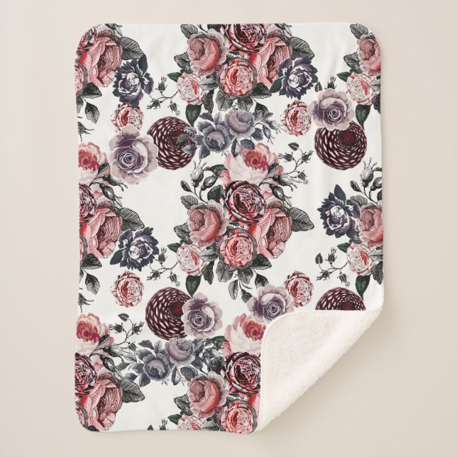 Vintage Pink and Purple Rose Pattern Sherpa Blanket (Front)
