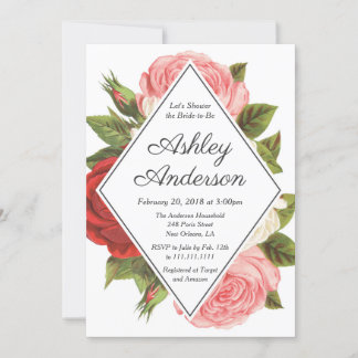 Vintage Pink and Red Rose Bridal Shower Invitation
