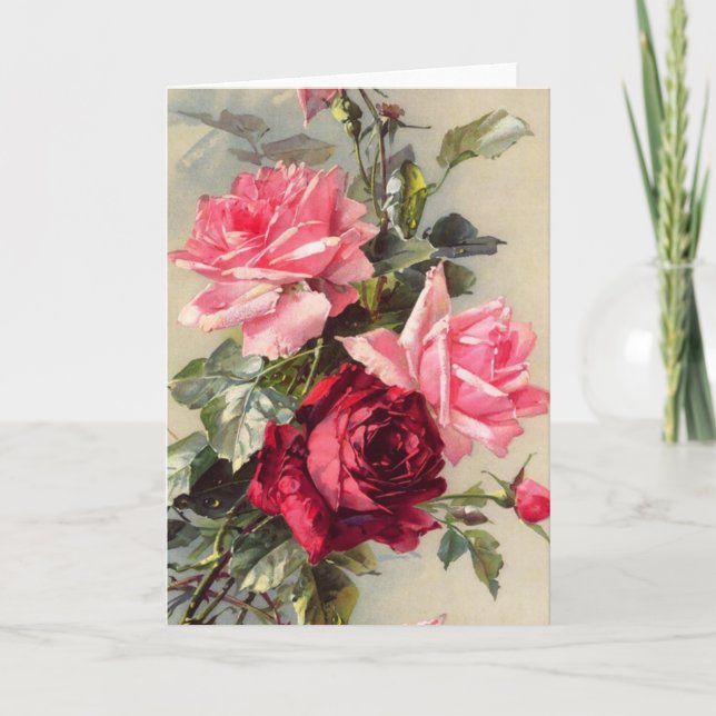 Vintage Pink and Red Roses Greeting Card (Front)