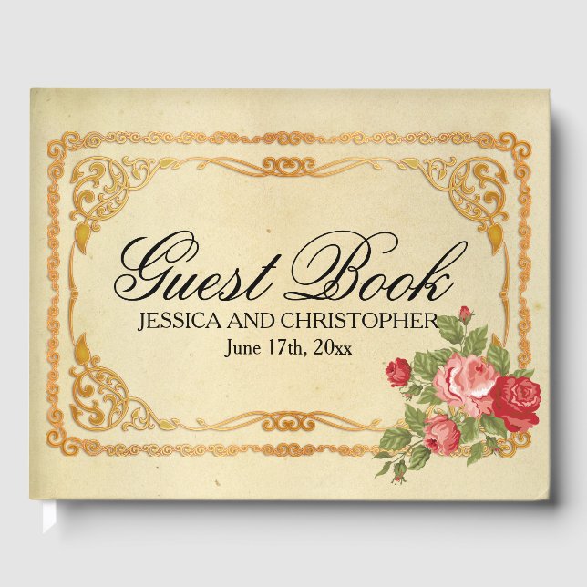 Vintage Pink and Red Roses Wedding Guest Book (Front)