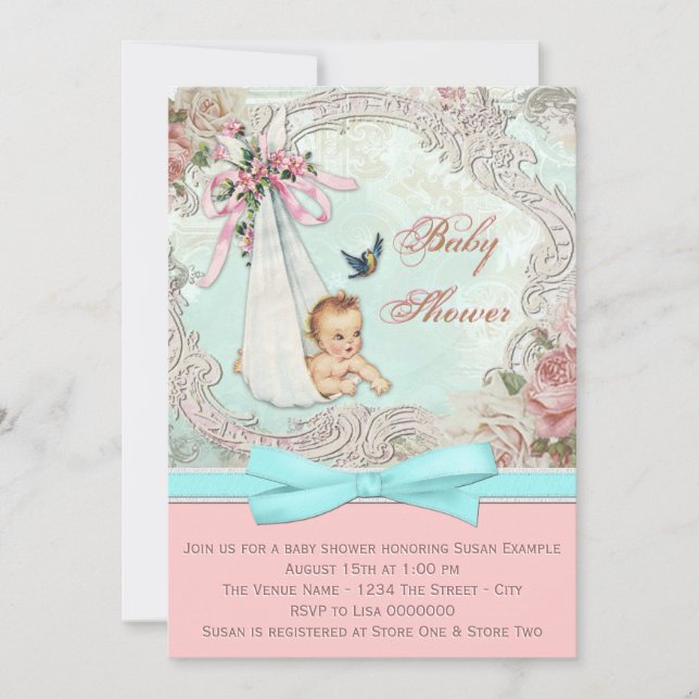 Vintage Pink and Teal Blue Baby Shower Invitation (Front)