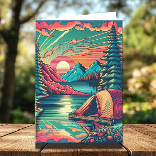 Vintage Pink and Teal Camping Themed Birthday Card