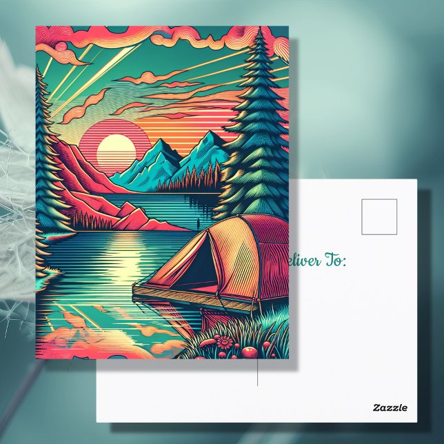 Vintage Pink and Teal Camping Themed Birthday Postcard (Creator Uploaded)