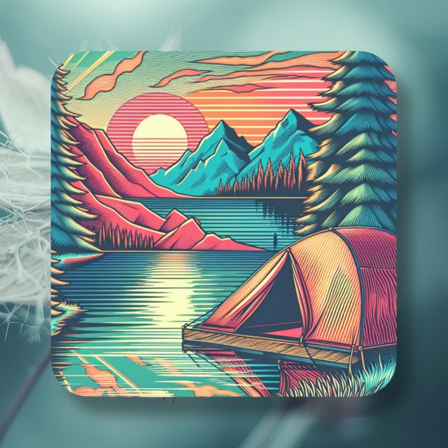 Vintage Pink and Teal Camping Themed  Square Sticker (Creator Uploaded)