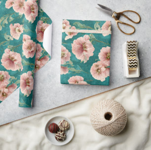 Vintage Pink and Teal Floral Pattern Design Wrapping Paper