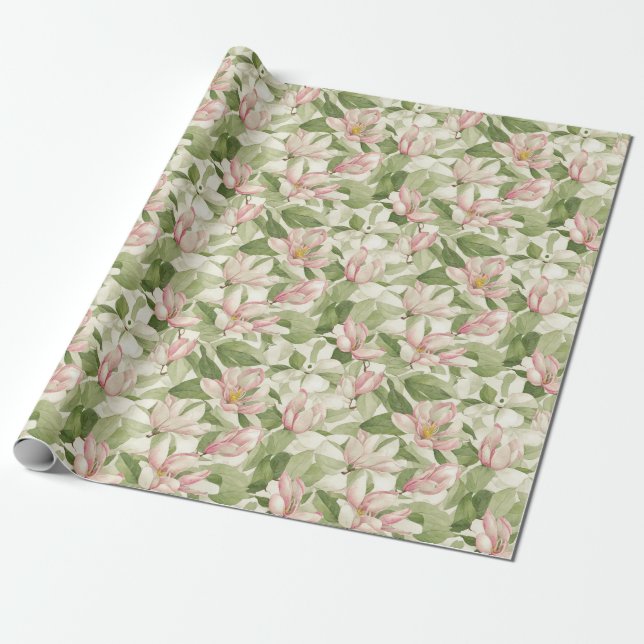 Vintage Pink and White Magnolias Wrapping Paper (Unrolled)