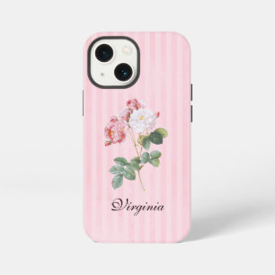 Vintage Pink and White Roses on Pink Stripes iPhone 13 Mini Case