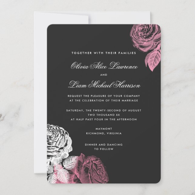 Vintage Pink and White Roses Wedding Invitation (Front)