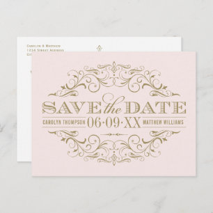 Vintage Pink Antique Flourish Save the Date Announcement Postcard
