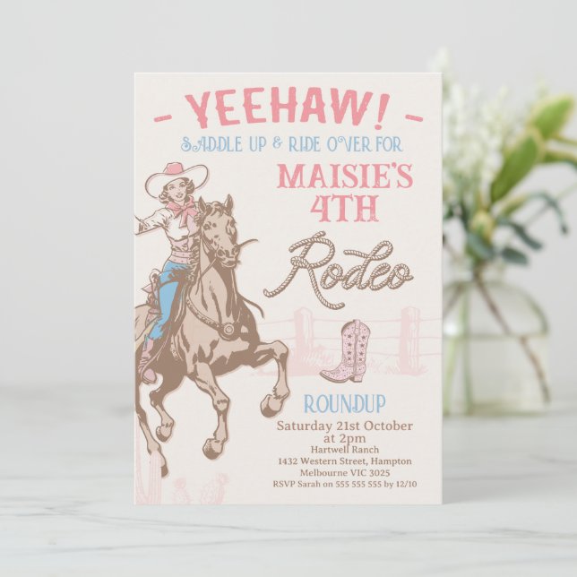 Vintage Pink Any Age Cowgirl Rodeo Birthday Invitation (Standing Front)