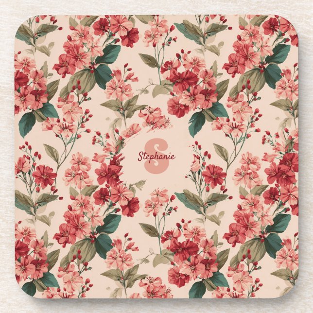 Vintage Pink Azalea Floral Pattern – Classic Coaster (Front)