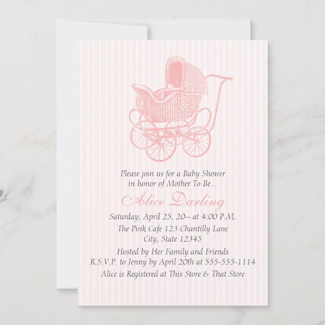 Vintage Pink Baby Carriage Baby Shower Invitation (Front)