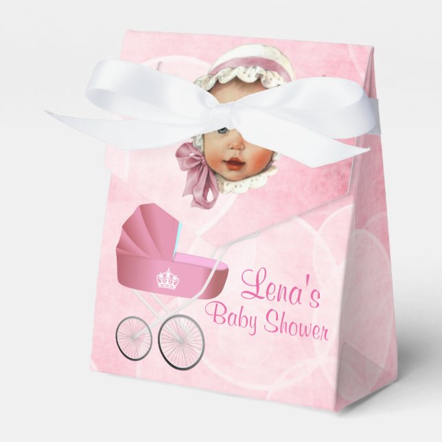 Vintage Pink Baby & Carriage Tent Favour Boxes (Front Side)