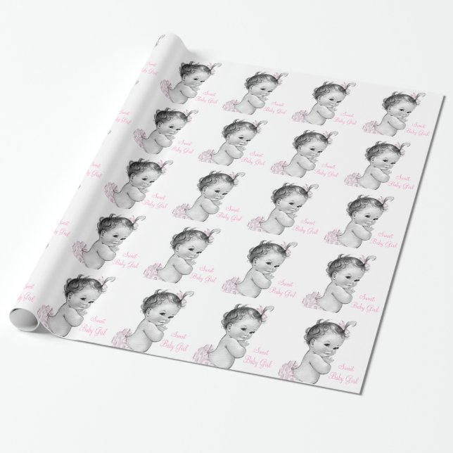 Vintage Pink Baby Girl Shower Wrapping Paper (Unrolled)