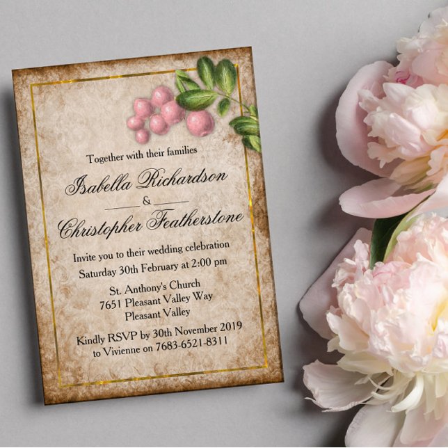 Vintage Pink Berries Wedding Invitation (Creator Uploaded)