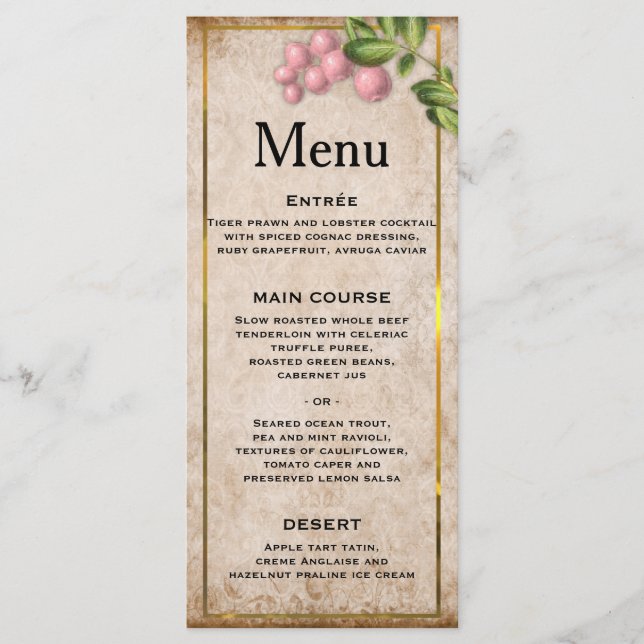 Vintage Pink Berries Wedding Menu (Front)