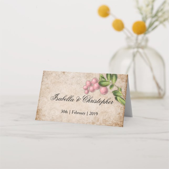 Vintage Pink Berries Wedding Place Card (Front)