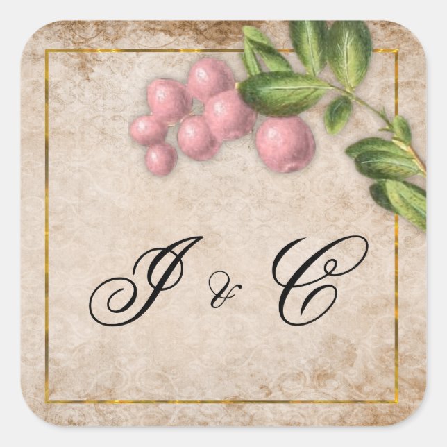 Vintage Pink Berries Wedding Square Sticker (Front)
