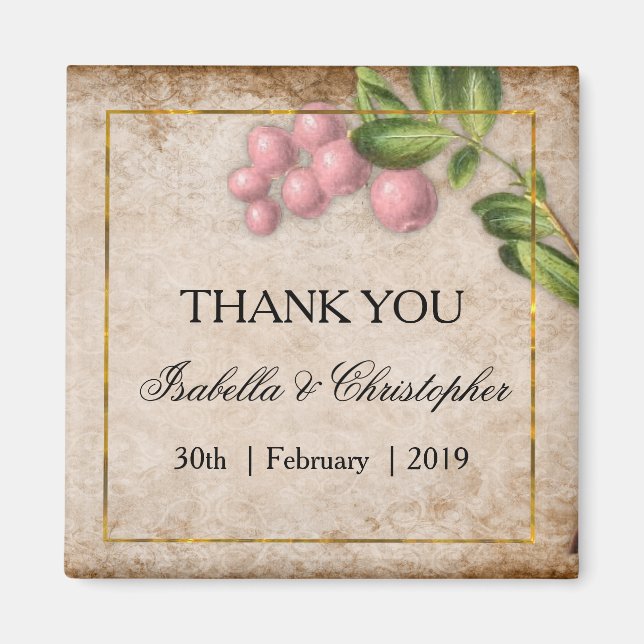 Vintage Pink Berries Wedding Thank You Magnet (Front)