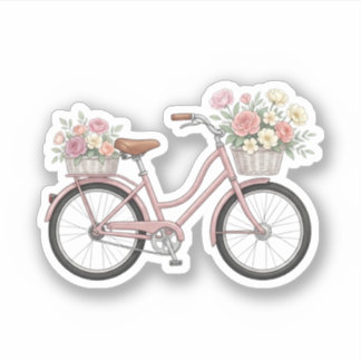 Vintage Pink Bicycle with Floral Baskets Sticker