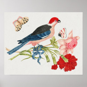 Vintage Pink Bird Butterfly Floral Art Print