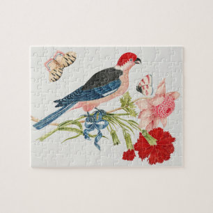 Vintage Pink Bird Butterfly Floral Art Print Jigsaw Puzzle