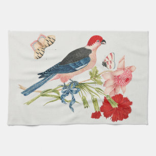 Vintage Pink Bird Butterfly Floral Art Print Tea Towel