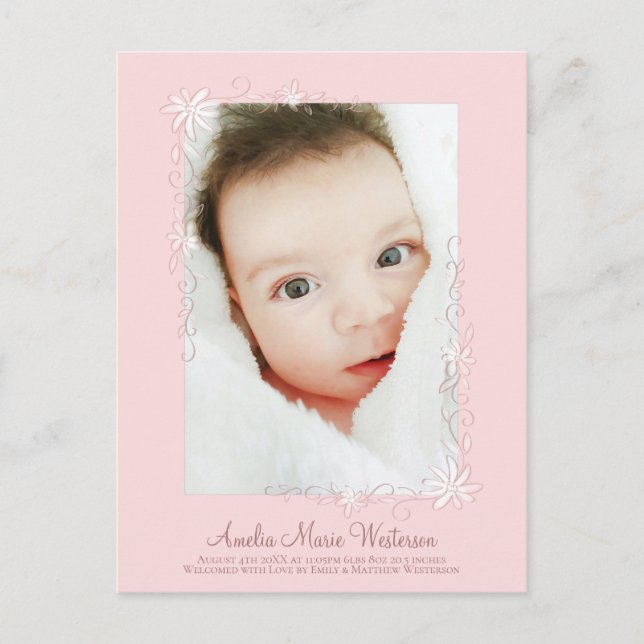 Vintage Pink Birth Announcement Girl Postcard (Front)