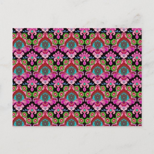 Vintage pink black damask pattern colourful royal postcard (Front)