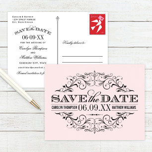 Vintage Pink Black Flourish Save the Date Announcement Postcard