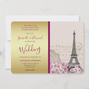 Vintage Pink Blossoms Eiffel Tower Gold & Burgundy Invitation