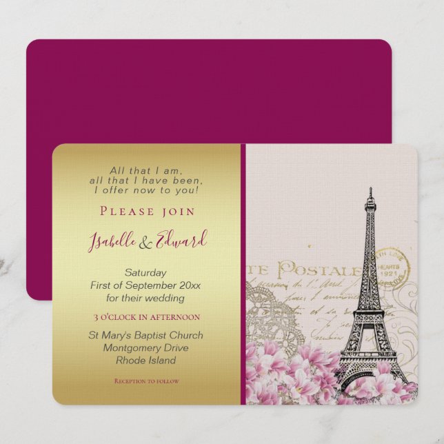Vintage Pink Blossoms Eiffel Tower Gold & Burgundy Invitation (Front/Back)