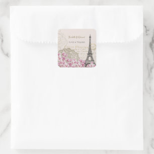 Vintage Pink Blossoms Paris Eiffel Tower Wedding  Square Sticker