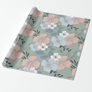 Vintage Pink, Blue, and Green Floral Pattern Wrapping Paper