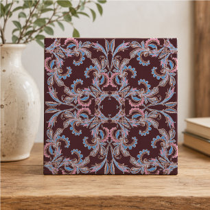 Vintage Pink & Blue Arabesque Tile on Deep Burgund