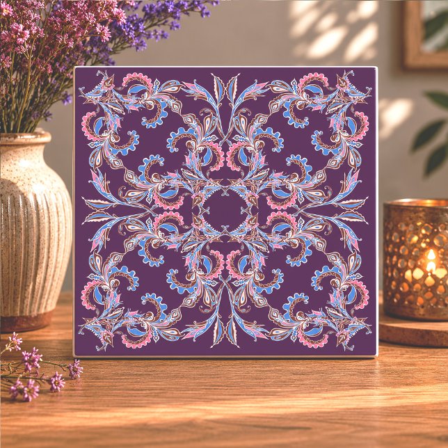 Vintage Pink & Blue Arabesque Tile on Royal Plum (Creator Uploaded)