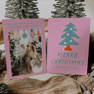 Vintage Pink Blue Colourful Funky Tree Christmas  Holiday Card
