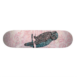Vintage Pink Blue Cute Owl Skateboard