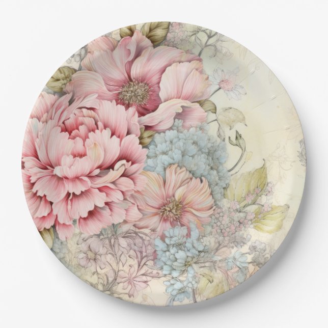 Vintage Pink Blue Flowers Paper Plate (Front)
