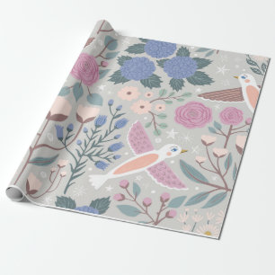 Vintage Pink Blue Pretty Birds Floral Illustration Wrapping Paper