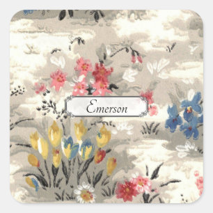 Vintage Pink Blue Yellow Floral Mid Century Design Square Sticker