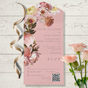 Vintage Pink Blush Roses QR Code All in One Invite