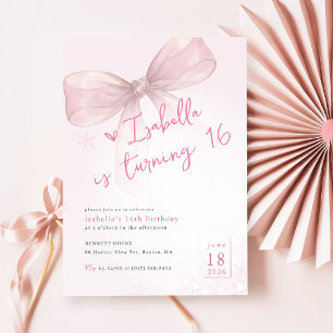 Vintage Pink Bow Elegant Winter 16th Birthday Invitation