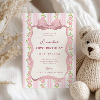 Vintage Pink Bow Floral Coquette 1st Birthday Invitation