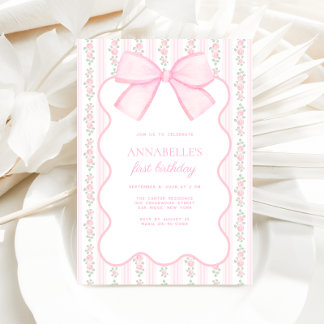 Vintage Pink Bow Floral Elegant Birthday Invitation