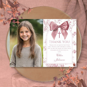 Vintage Pink Bow Floral Girl Holy Communion Photo Thank You Card